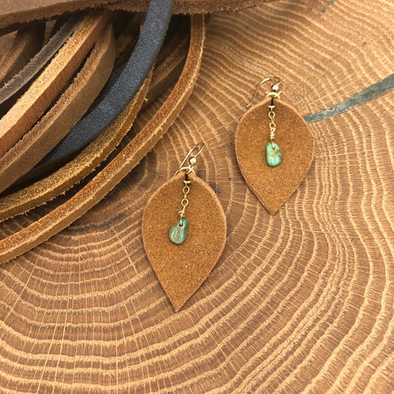 Leather, Turquoise, Gold Filled Earrings, Sundance Bohemian Style