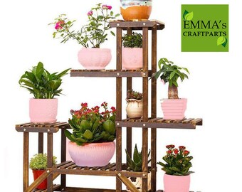 6 POTS - Multi Tier Plant Stand Flower Rack Shelf Outdoor Indoor Garden Corner Wood Stand