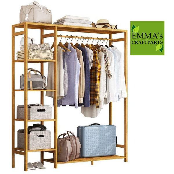 Bamboo 6 Tier Multi Purpose Garment Rack Storage Shelves Clothes Hanging Wardrobe Closet Stand