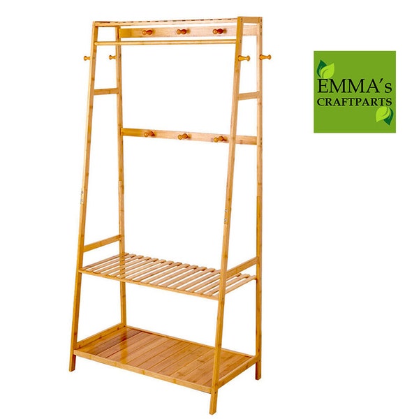 Bamboo Multi Purpose Garment Rack Storage Shelves Clothes Hanging Wardrobe Closet Tree Hallway Shoe Rail Rack Bench with Shelves Hooks