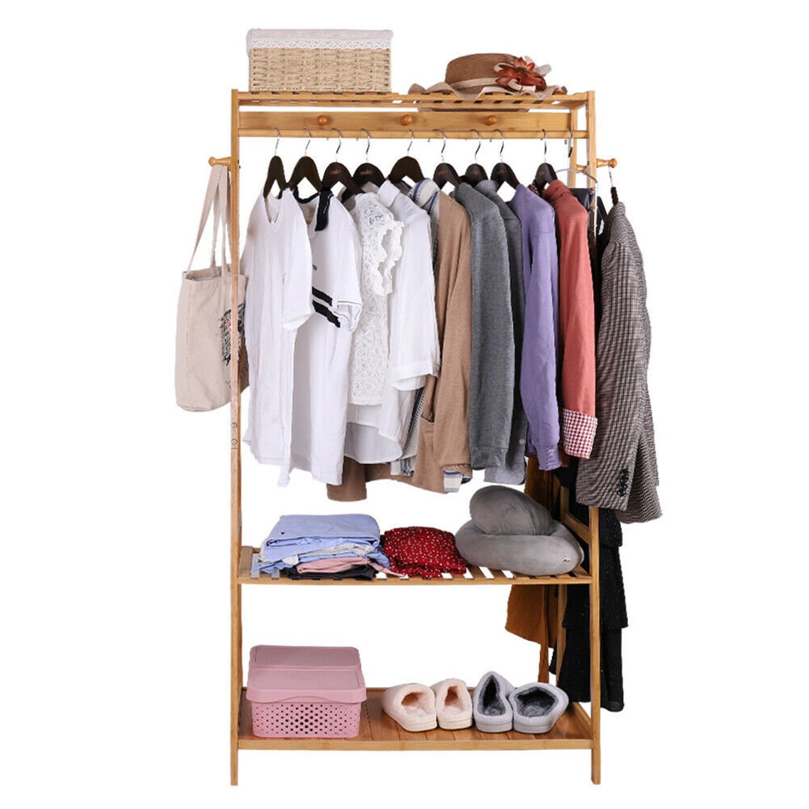 Bamboo Multi Purpose Garment Rack Storage Shelves Clothes Hanging