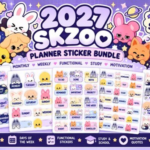 Peut inclure: Un ensemble d'autocollants de planification 2027 SKZOO comprenant plus de 150 autocollants avec des personnages d'animaux de dessin animé. Le lot inclut des étiquettes mensuelles, hebdomadaires, fonctionnelles, d'étude et de motivation.