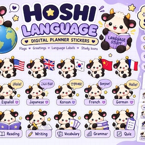 Op de afbeelding: Een digitale stickerset getiteld HOSHI LANGUAGE DIGITAL PLANNER STICKERS met 90 stickers met cartoonkoeien. De afbeeldingen bevatten koeien die globes, boeken en verschillende nationale vlaggen vasthouden, naast tekstlabels voor talen en taken.