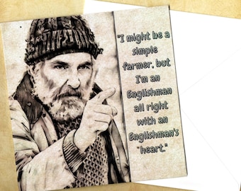 May include: A greeting card featuring a black and white sketch of a bearded person wearing a knit cap and jacket, pointing forward. The text reads: I might be a simple farmer, but I'm an Englishman all right with an Englishman's heart. A white envelope is included.