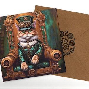 Carte de portrait d'art Steampunk Ginger Cat 15 x 15 avec enveloppe