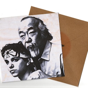 Pat Morita, Ralph Macchio-wenskaart in potloodstijl en envelop blanco van binnen