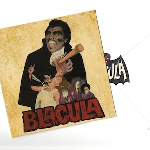 May include: A vintage movie poster for the film "Blacula" featuring a black vampire with fangs and a red cape. The poster has a yellowed background and the title is in red letters.