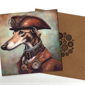 Biglietto ritratto artistico Steampunk Greyhound 15x15 con busta