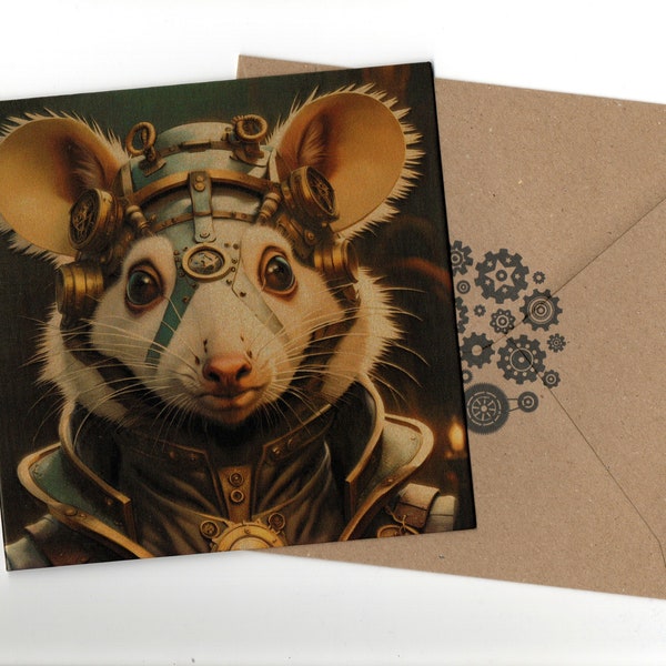 Steam punk Opossum art portrait card new metallic effect 15x15cm with envelope