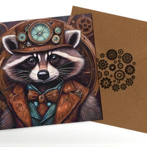 Biglietto ritratto artistico Steampunk Racoon 15x15 con busta