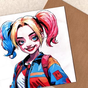 Cartão de felicitações feito à mão com arte de fã de mangá Harley 15 x 15 cm com envelope em branco dentro