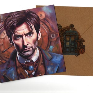 Tarjeta de felicitación David Tennant steampunk 15x15 y sobre en blanco en el interior