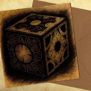 Hellraiser puzzle box (lament configuration) 15x15 handmade greeting card and envelope blank inside