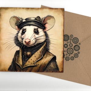 Steampunk Opossum-kunstportretkaart nieuw 15 x 15 cm met envelop