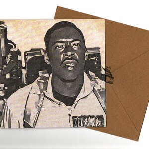 Ernie Hudson-wenskaart in potloodstijl en envelop, blanco binnenzijde 15 x 15 cm