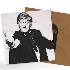 Cartão de felicitações Jon Pertwee 15x15 e envelope em branco dentro