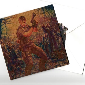 Carte de voeux faite main Leon Kennedy (RE4) 15 x 15 et enveloppe vierge à l'intérieur