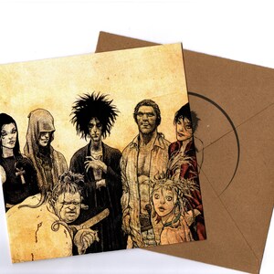 May include: A square card featuring a group of illustrated characters with a vintage aesthetic. The characters are diverse in appearance, with varying hairstyles and attire. A brown envelope is next to the card.
