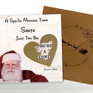 Mensagem rude do Papai Noel, você é um C**t, painel para raspar 15x15, cartão de Natal rude feito à mão, em branco por dentro