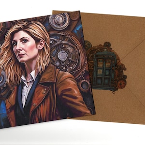 Jodie Whittaker steampunk 15x15 tarjeta de felicitación y sobre en blanco en el interior