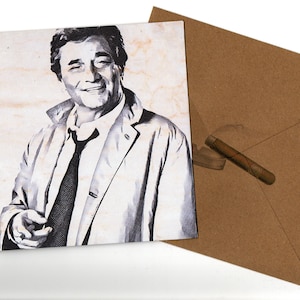 Carte de voeux style crayon Peter Falk et enveloppe vierge à l'intérieur