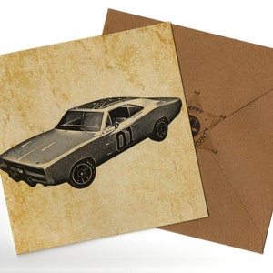 Carte faite main The General Lee 15 x 15 avec enveloppe vierge à l'intérieur