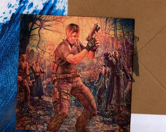 Leon Kennedy (RE4) handmade greeting card 15x15 and envelope blank inside