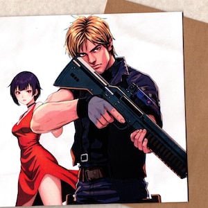Leon & Ada mangá fan art 15x15 cartão de felicitações feito à mão com envelope em branco dentro