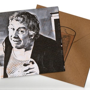 Tarjeta de felicitación de Gregor Fisher de 15 x 15 y sobre en blanco por dentro.