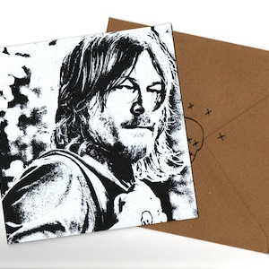 Tarjeta de felicitación hecha a mano Norman Reedus 15x15 con sobre en blanco en el interior