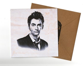 Tarjeta de felicitación de David Tennant de 15 x 15 y sobre en blanco por dentro.