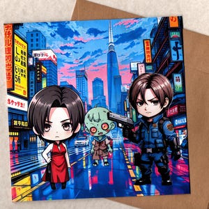 May include: A colourful illustration of three characters from the Resident Evil video game series. The characters are standing in a city street with tall buildings and a large tower in the background. The characters are drawn in a cartoon style with large eyes and exaggerated features. The illustration is set against a backdrop of a vibrant sunset.