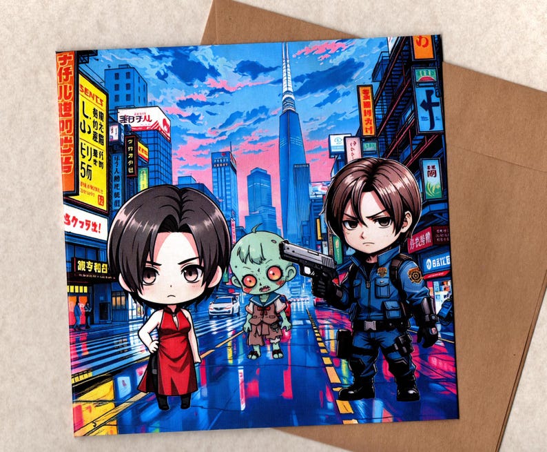 Leon and Ada Chibi 15x15cm Handmade Greeting Card - Etsy Canada