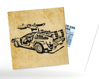 DeLorean handmade card 15x15 with envelope blank inside