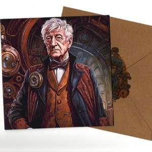 Carte de voeux Jon Pertwee Steampunk 15 x 15 et enveloppe vierge à l'intérieur