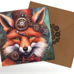 Carte portrait art steampunk Fox 15 x 15 avec enveloppe