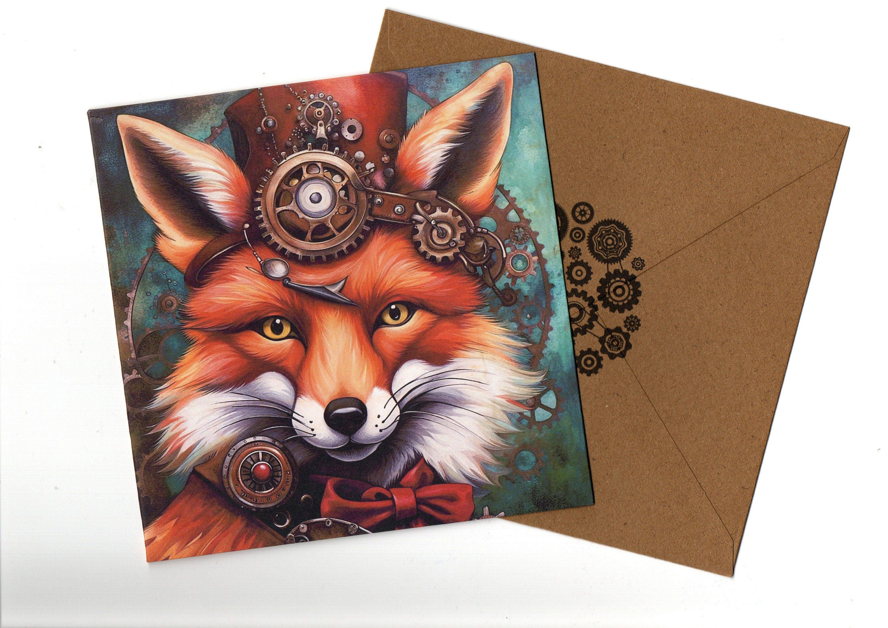 Steampunk Fox art portrait card 15x15 with envelope