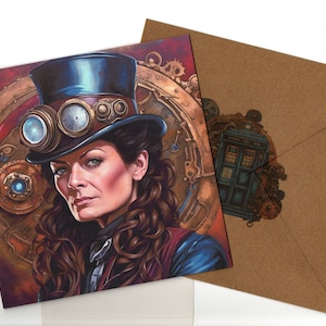 Tarjeta de felicitación Michelle Gomez Steampunk 15x15 y sobre en blanco en el interior