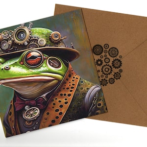 Carte portrait art steampunk grenouille d'arbre 15 x 15 avec enveloppe