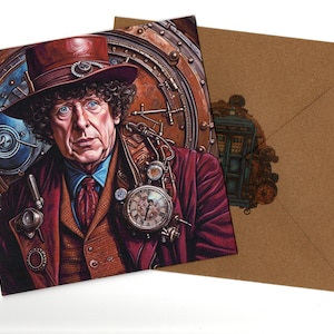 Tarjeta de felicitación Tom Baker steampunk 15x15 y sobre en blanco en el interior