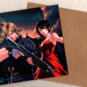 Cartão de felicitações feito à mão com arte de fã do mangá Leon & Ada 15x15 e envelope em branco dentro