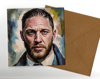 Tarjeta de felicitación de 15 x 15 cm con diseño de fan art de Tom Hardy y sobre en blanco por dentro.
