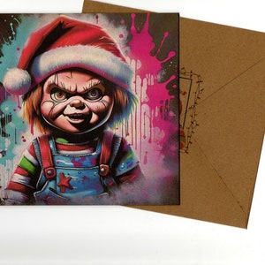 Killer Doll 15x15cm handgemaakte kerstkaart met blanco envelop erin