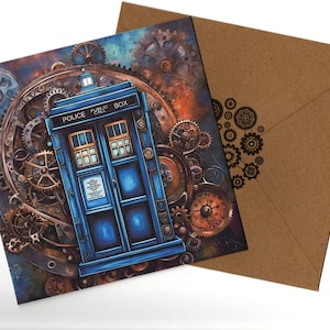 Steampunk police box 15x15 greeting card  and envelope blank inside