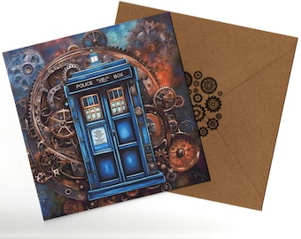 Steampunk police box 15x15 greeting card  and envelope blank inside