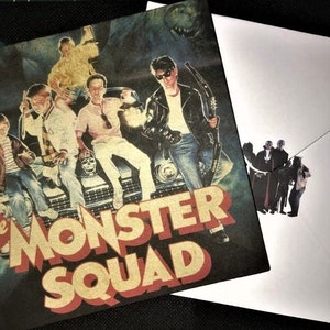 Biglietto d'auguri fatto a mano e busta The Monster Squad in stile VHS da 15 cm x 15 cm