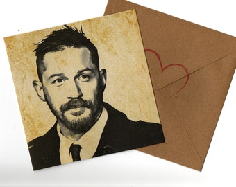 Tarjeta de felicitación de Tom Hardy de 15 x 15 y sobre en blanco por dentro