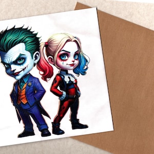 Carte de voeux faite main Harley et Mr J Chibi 15 x 15 cm avec enveloppe vierge à l'intérieur