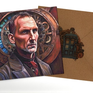Carte de voeux steampunk 15 x 15 Christopher Eccleston et enveloppe vierge à l'intérieur
