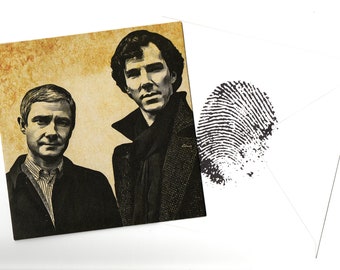 May include: A square greeting card featuring a sepia-toned illustration of two men in dark coats, one with a scarf, next to a white envelope printed with a black fingerprint graphic. The card has a textured, aged paper appearance.